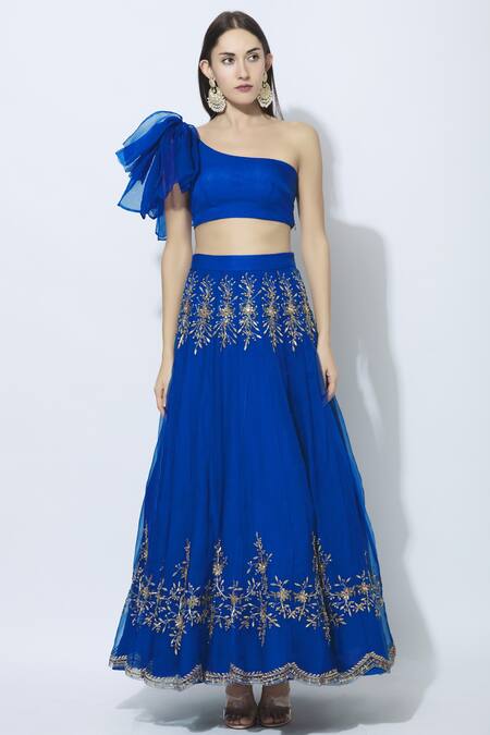 Buy Esha Koul Blue Organza Asymmetric Embroidered Bridal Lehenga Set Online at Aza Fashions Buy_Esha Koul_Blue Organza Asymmetric Embroidered Bridal Lehenga Set _Online_at_Aza_Fashions