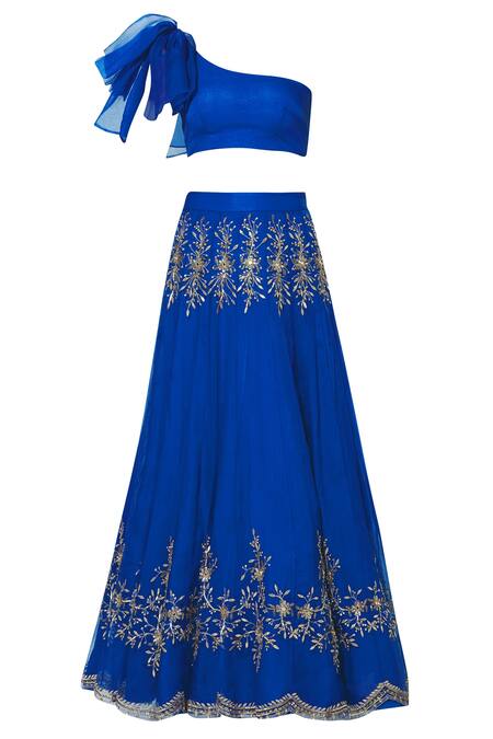 Shop Esha Koul Blue Organza Asymmetric Embroidered Bridal Lehenga Set Online at Aza Fashions Shop_Esha Koul_Blue Organza Asymmetric Embroidered Bridal Lehenga Set _Online_at_Aza_Fashions