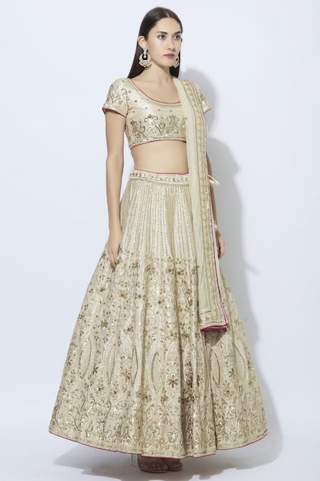 Esha Koul_Off White Raw Silk, Net Round Embroidered Bridal Lehenga Set _Online_at_Aza_Fashions