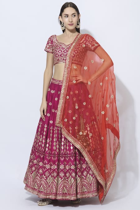 Buy_Esha Koul_Pink Raw Silk, Organza Sweetheart Neck Embroidered Bridal Lehenga Set _Online_at_Aza_Fashions