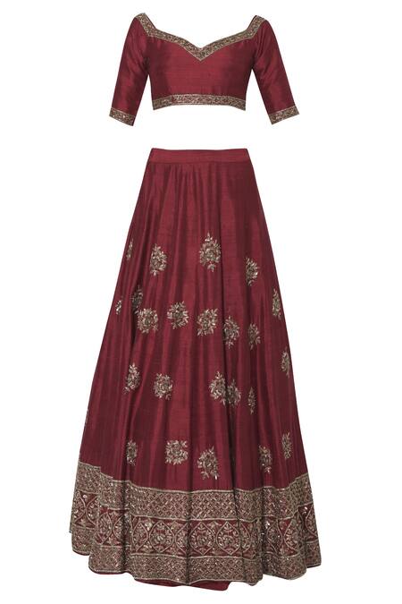 Shop_Esha Koul_Maroon Silk, Net Sweetheart Neck Bridal Lehenga Set _Online_at_Aza_Fashions