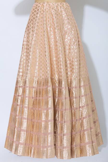 Shop_Nidhika Shekhar_Pink Chanderi Brocade Round Kurta Lehenga Set _Online_at_Aza_Fashions