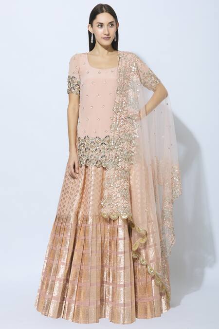 Nidhika Shekhar_Pink Chanderi Brocade Round Kurta Lehenga Set _Online_at_Aza_Fashions