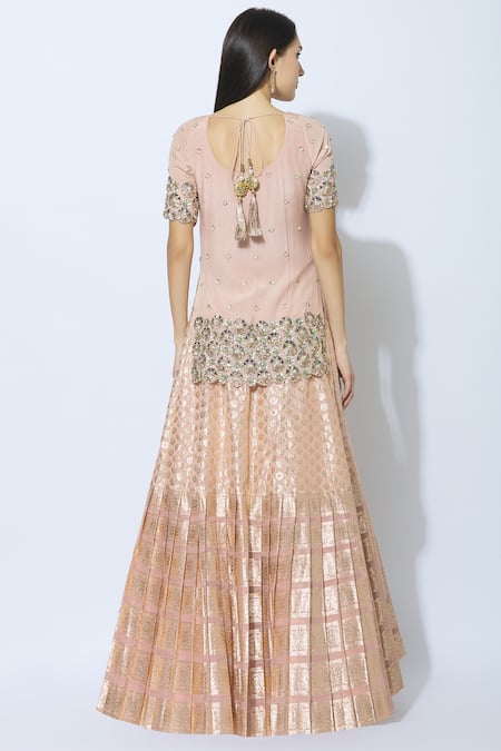 Shop_Nidhika Shekhar_Pink Chanderi Brocade Round Kurta Lehenga Set _at_Aza_Fashions
