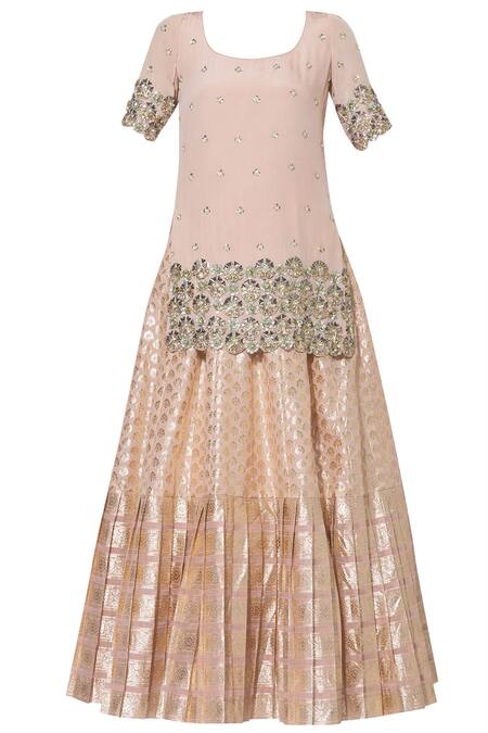 Buy_Nidhika Shekhar_Pink Chanderi Brocade Round Kurta Lehenga Set _Online_at_Aza_Fashions