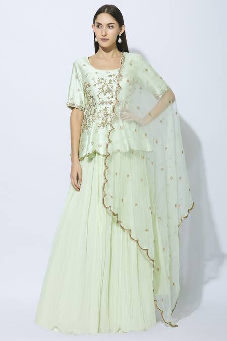 NIDHIKA SHEKHAR Green Silk, Organza, Georgette, Can Can, Shantoon Embroidered Kurta Lehenga Set Online at Aza Fashions NIDHIKA SHEKHAR_Green Silk, Organza, Georgette, Can Can, Shantoon Embroidered Kurta Lehenga Set _Online_at_Aza_Fashions