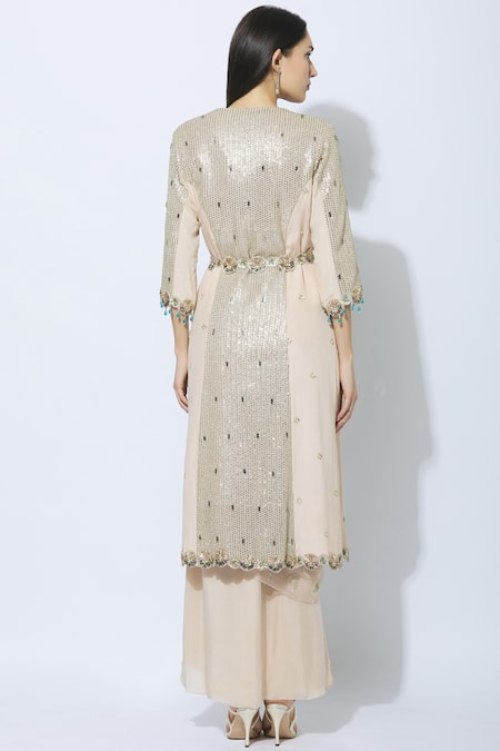 Shop NIDHIKA SHEKHAR Pink Silk, Chanderi, Crepe, Shantoon Lining Round Embellished Jacket Skirt Set at Aza Fashions Shop_NIDHIKA SHEKHAR_Pink Silk, Chanderi, Crepe, Shantoon Lining Round Embellished Jacket Skirt Set _at_Aza_Fashions