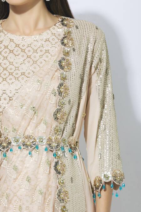 NIDHIKA SHEKHAR Pink Silk, Chanderi, Crepe, Shantoon Lining Round Embellished Jacket Skirt Set at Aza Fashions NIDHIKA SHEKHAR_Pink Silk, Chanderi, Crepe, Shantoon Lining Round Embellished Jacket Skirt Set _at_Aza_Fashions