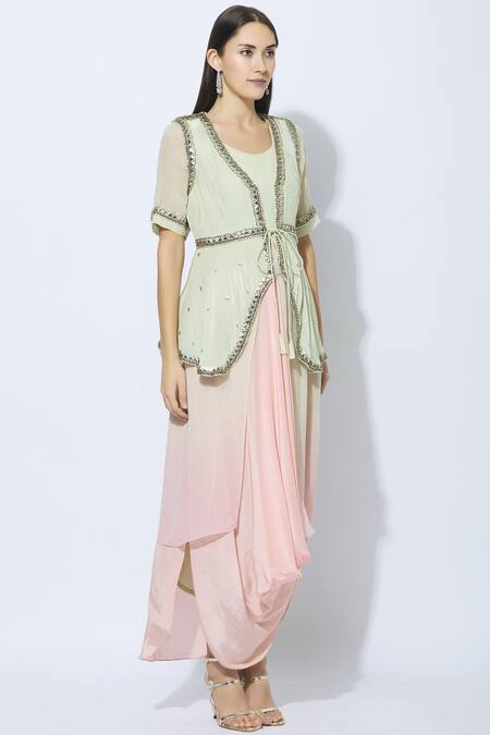 Nidhika Shekhar_Green Crepe, Georgette, Shantoon Lining Round Embellished Jacket With Dress _Online_at_Aza_Fashions