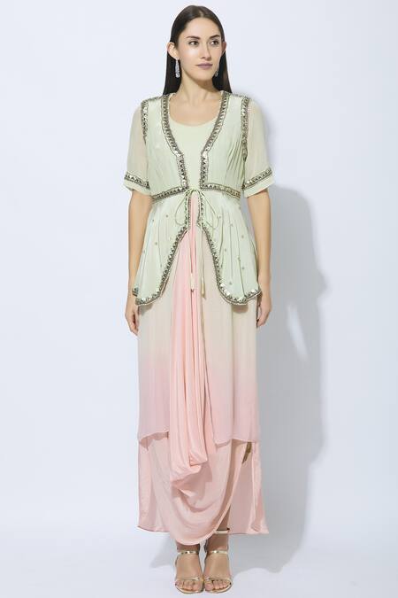 Buy_Nidhika Shekhar_Green Crepe, Georgette, Shantoon Lining Round Embellished Jacket With Dress _Online_at_Aza_Fashions