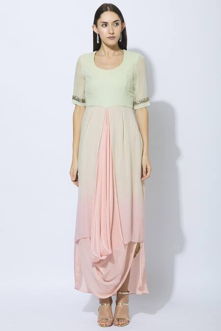 Shop_Nidhika Shekhar_Green Crepe, Georgette, Shantoon Lining Round Embellished Jacket With Dress _Online_at_Aza_Fashions