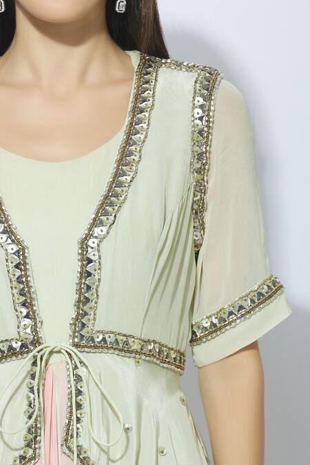 Nidhika Shekhar_Green Crepe, Georgette, Shantoon Lining Round Embellished Jacket With Dress _at_Aza_Fashions