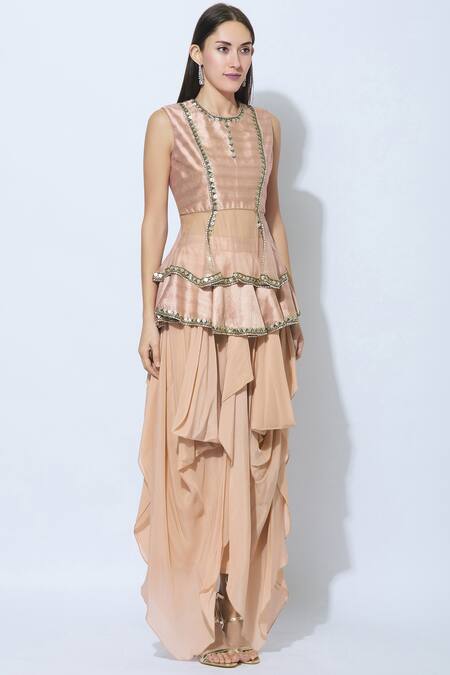 NIDHIKA SHEKHAR Pink Silk, Shantoon Lining Round Embellished Tunic Set Online at Aza Fashions NIDHIKA SHEKHAR_Pink Silk, Shantoon Lining Round Embellished Tunic Set _Online_at_Aza_Fashions