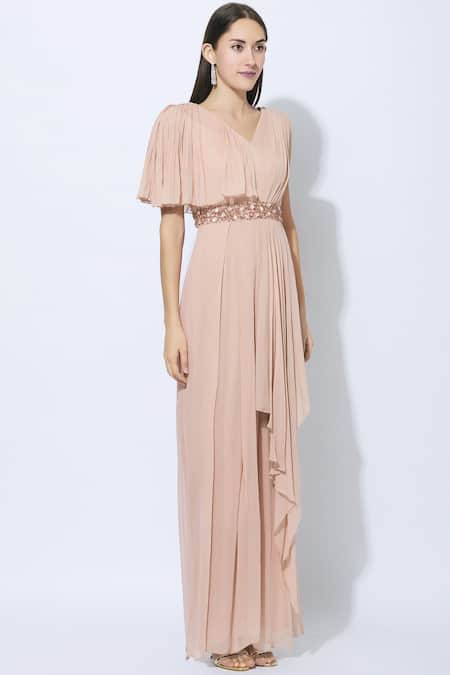 Nidhika Shekhar_Pink Georgette, Shantoon Lining V-shaped Overlay Jumpsuit _Online_at_Aza_Fashions