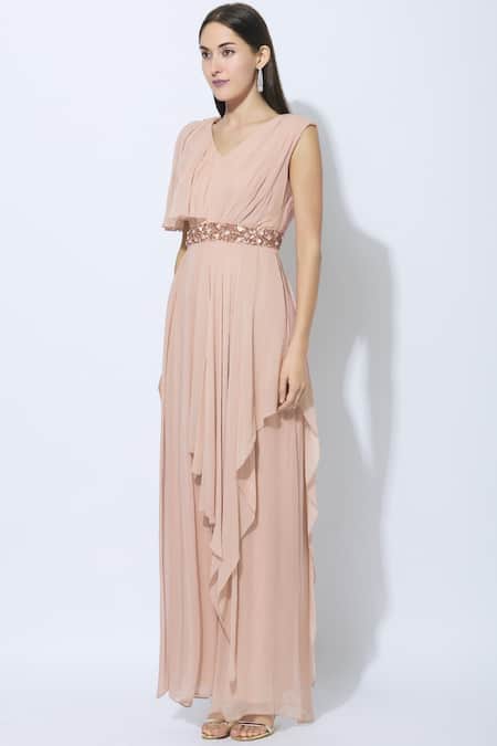 Buy_Nidhika Shekhar_Pink Georgette, Shantoon Lining V-shaped Overlay Jumpsuit _Online_at_Aza_Fashions