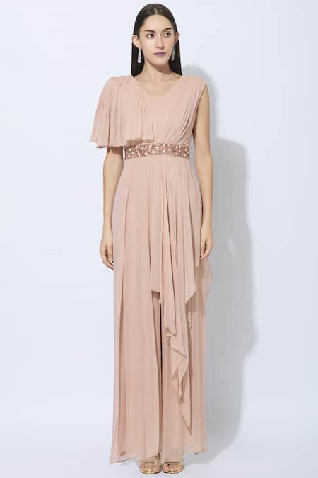 Shop_Nidhika Shekhar_Pink Georgette, Shantoon Lining V-shaped Overlay Jumpsuit _Online_at_Aza_Fashions
