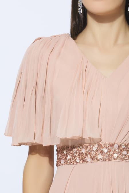 Nidhika Shekhar_Pink Georgette, Shantoon Lining V-shaped Overlay Jumpsuit _at_Aza_Fashions