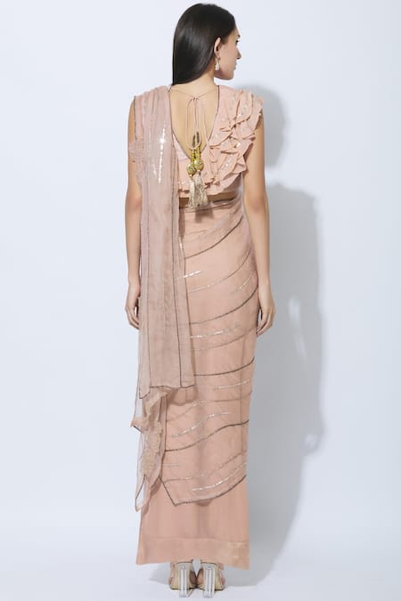 Peach Pre-Draped Ruffled Embellished Silk Saree With Blouse - Nidhika  Shekhar- Fabilicious Fashion