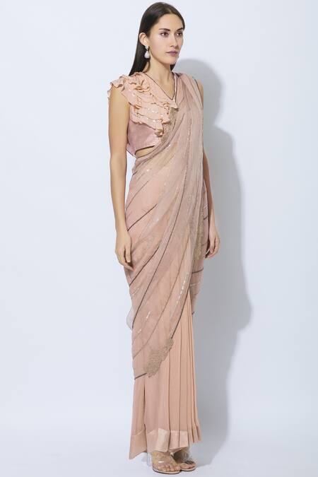 NIDHIKA SHEKHAR_Pink Silk, Organza, Georgette, Shantoon Lining Pre-draped Embellished Saree _Online_at_Aza_Fashions