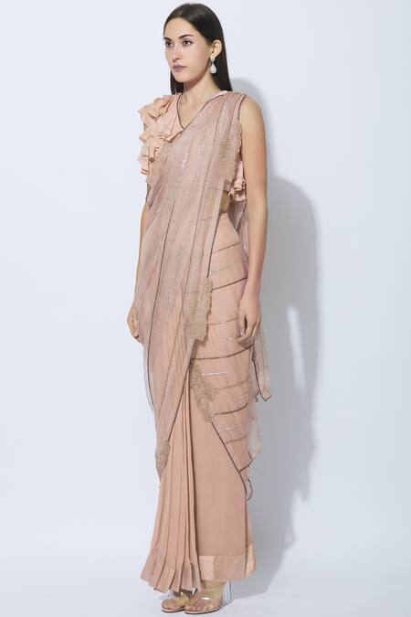Buy_NIDHIKA SHEKHAR_Pink Silk, Organza, Georgette, Shantoon Lining Pre-draped Embellished Saree _Online_at_Aza_Fashions