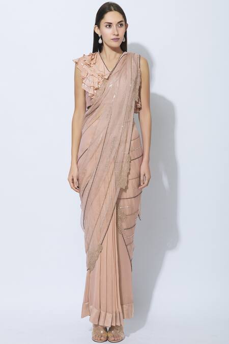 Shop_NIDHIKA SHEKHAR_Pink Silk, Organza, Georgette, Shantoon Lining Pre-draped Embellished Saree _Online_at_Aza_Fashions