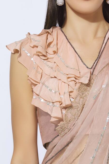 NIDHIKA SHEKHAR_Pink Silk, Organza, Georgette, Shantoon Lining Pre-draped Embellished Saree _at_Aza_Fashions