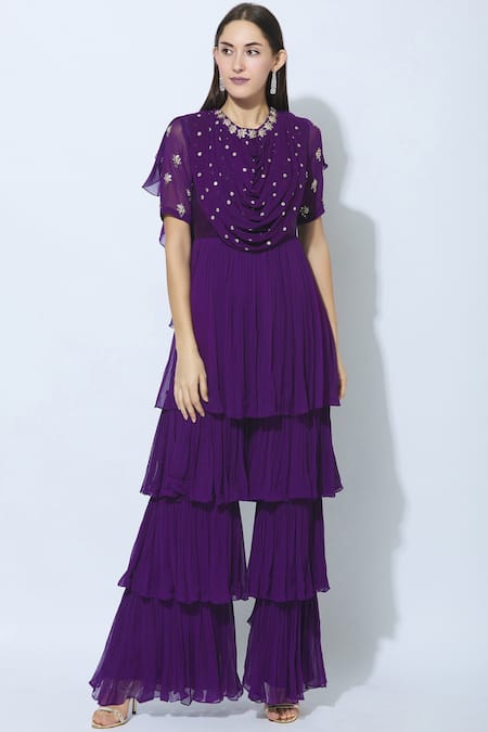 Nidhika Shekhar_Purple Silk, Georgette, Shantoon Lining Round Ruffle Jumpsuit _Online_at_Aza_Fashions
