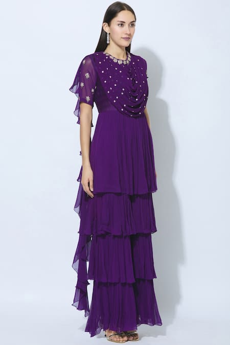 Buy_Nidhika Shekhar_Purple Silk, Georgette, Shantoon Lining Round Ruffle Jumpsuit _Online_at_Aza_Fashions