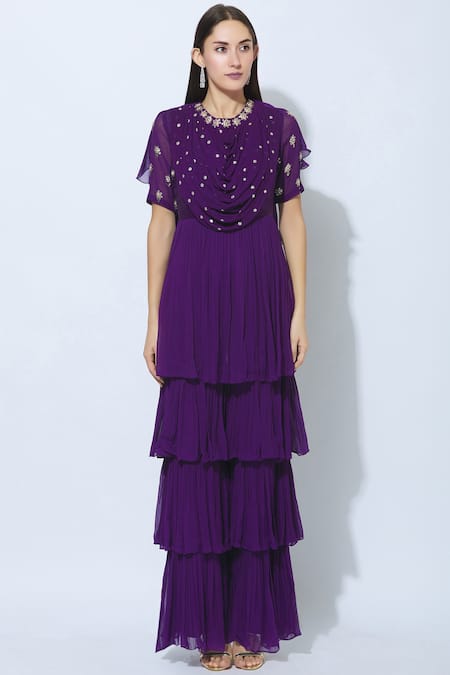 Shop_Nidhika Shekhar_Purple Silk, Georgette, Shantoon Lining Round Ruffle Jumpsuit _Online_at_Aza_Fashions