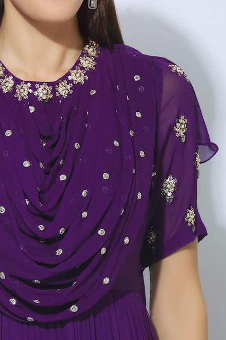 Nidhika Shekhar_Purple Silk, Georgette, Shantoon Lining Round Ruffle Jumpsuit _at_Aza_Fashions