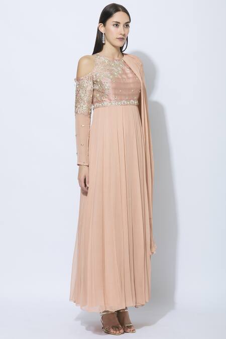 NIDHIKA SHEKHAR Pink Silk, Net, Georgette, Shantoon Lining Round Draped Anarkali Online at Aza Fashions NIDHIKA SHEKHAR_Pink Silk, Net, Georgette, Shantoon Lining Round Draped Anarkali _Online_at_Aza_Fashions