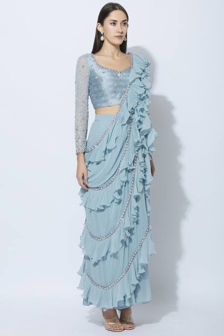 NIDHIKA SHEKHAR_Blue Silk, Net, Georgette, Shantoon Lining Pre-draped Ruffle Saree With Blouse _Online_at_Aza_Fashions