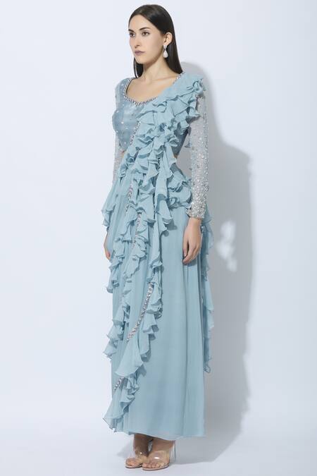 Buy_NIDHIKA SHEKHAR_Blue Silk, Net, Georgette, Shantoon Lining Pre-draped Ruffle Saree With Blouse _Online_at_Aza_Fashions