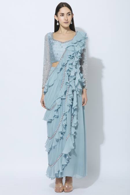 Shop_NIDHIKA SHEKHAR_Blue Silk, Net, Georgette, Shantoon Lining Pre-draped Ruffle Saree With Blouse _Online_at_Aza_Fashions
