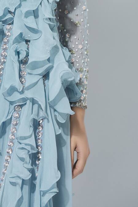 NIDHIKA SHEKHAR_Blue Silk, Net, Georgette, Shantoon Lining Pre-draped Ruffle Saree With Blouse _at_Aza_Fashions