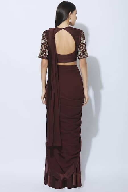 Shop NIDHIKA SHEKHAR Maroon Silk Scoop Neck Pre-draped Saree at Aza Fashions Shop_NIDHIKA SHEKHAR_Maroon Silk Scoop Neck Pre-draped Saree _at_Aza_Fashions