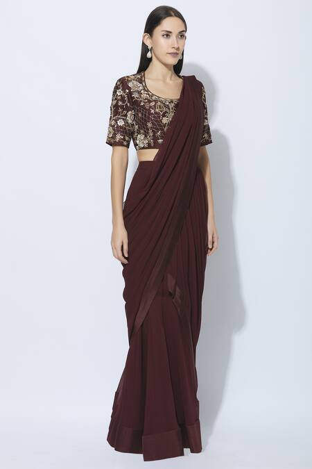 NIDHIKA SHEKHAR Maroon Silk Scoop Neck Pre-draped Saree Online at Aza Fashions NIDHIKA SHEKHAR_Maroon Silk Scoop Neck Pre-draped Saree _Online_at_Aza_Fashions