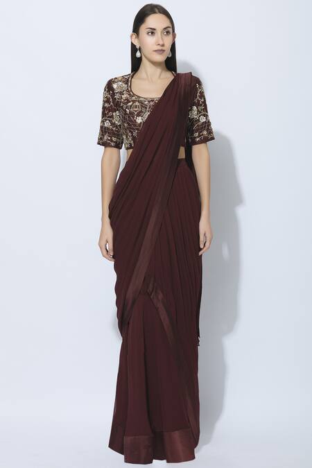Buy NIDHIKA SHEKHAR Maroon Silk Scoop Neck Pre-draped Saree Online at Aza Fashions Buy_NIDHIKA SHEKHAR_Maroon Silk Scoop Neck Pre-draped Saree _Online_at_Aza_Fashions