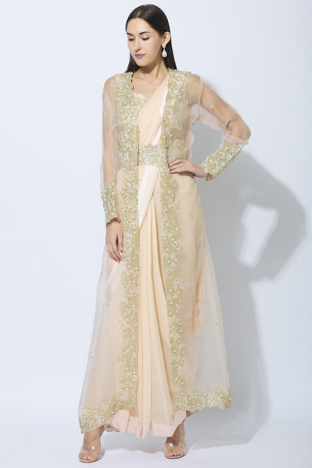 Nidhika Shekhar Peach Silk Leaf-shaped Pre-draped Embroidered Saree Set 