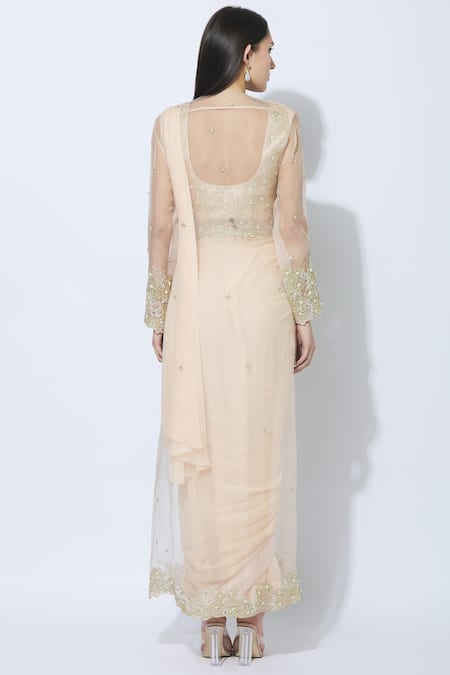 Shop NIDHIKA SHEKHAR Peach Silk, Organza, Georgette, Shantoon Lining Pre-draped Embroidered Saree Set at Aza Fashions Shop_NIDHIKA SHEKHAR_Peach Silk, Organza, Georgette, Shantoon Lining Pre-draped Embroidered Saree Set _at_Aza_Fashions