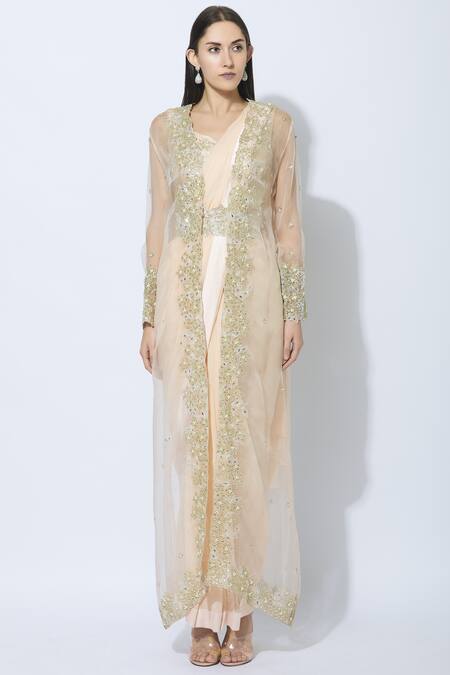 NIDHIKA SHEKHAR Peach Silk, Organza, Georgette, Shantoon Lining Pre-draped Embroidered Saree Set Online at Aza Fashions NIDHIKA SHEKHAR_Peach Silk, Organza, Georgette, Shantoon Lining Pre-draped Embroidered Saree Set _Online_at_Aza_Fashions