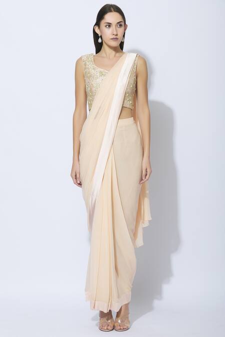 Buy NIDHIKA SHEKHAR Peach Silk, Organza, Georgette, Shantoon Lining Pre-draped Embroidered Saree Set Online at Aza Fashions Buy_NIDHIKA SHEKHAR_Peach Silk, Organza, Georgette, Shantoon Lining Pre-draped Embroidered Saree Set _Online_at_Aza_Fashions
