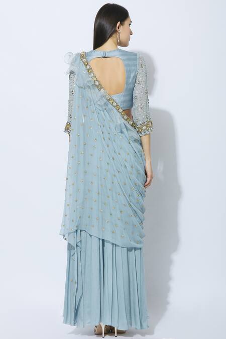 Shop_NIDHIKA SHEKHAR_Blue Silk Round Embroidered Saree Gown _at_Aza_Fashions
