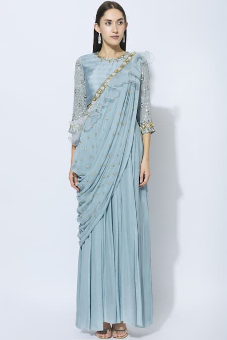 NIDHIKA SHEKHAR_Blue Silk Round Embroidered Saree Gown _Online_at_Aza_Fashions
