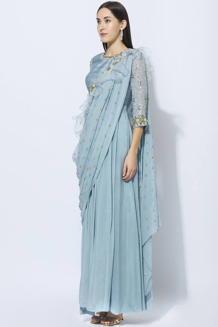Buy_NIDHIKA SHEKHAR_Blue Silk Round Embroidered Saree Gown _Online_at_Aza_Fashions