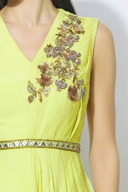 Shop_NIDHIKA SHEKHAR_Yellow Crepe, Georgette, Shantoon Lining V-shaped Asymmetric Kurta Sharara Set _Online_at_Aza_Fashions