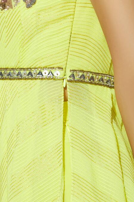 NIDHIKA SHEKHAR_Yellow Crepe, Georgette, Shantoon Lining V-shaped Asymmetric Kurta Sharara Set _at_Aza_Fashions