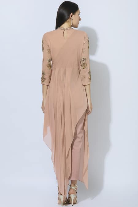 Shop NIDHIKA SHEKHAR Beige Silk V-shaped Asymmetric Kurta Set at Aza Fashions Shop_NIDHIKA SHEKHAR_Beige Silk V-shaped Asymmetric Kurta Set _at_Aza_Fashions