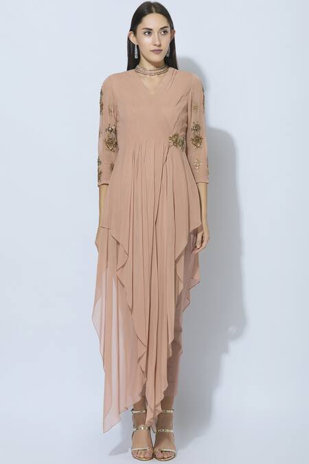 NIDHIKA SHEKHAR Beige Silk V-shaped Asymmetric Kurta Set Online at Aza Fashions NIDHIKA SHEKHAR_Beige Silk V-shaped Asymmetric Kurta Set _Online_at_Aza_Fashions