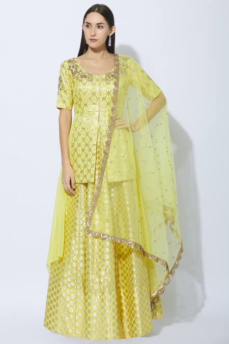 NIDHIKA SHEKHAR Yellow Georgette Round Chanderi Kurta Lehenga Set Online at Aza Fashions NIDHIKA SHEKHAR_Yellow Georgette Round Chanderi Kurta Lehenga Set _Online_at_Aza_Fashions